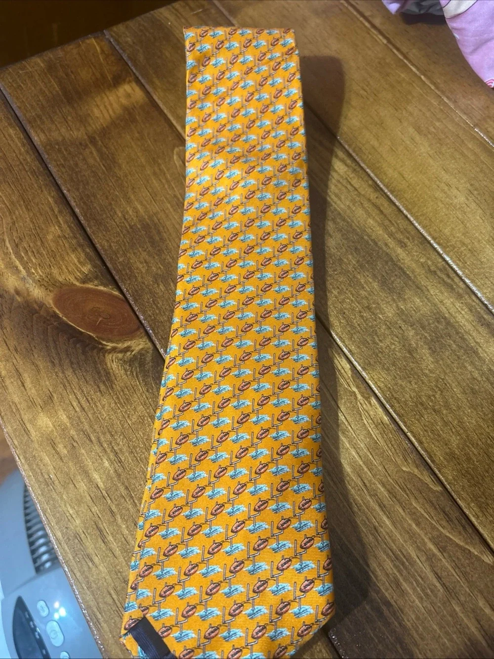 Men's Orange Patterned Necktie with Blue Accents football and goal posts